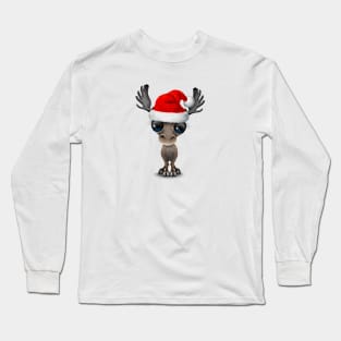 Baby Moose Wearing a Santa Hat Long Sleeve T-Shirt